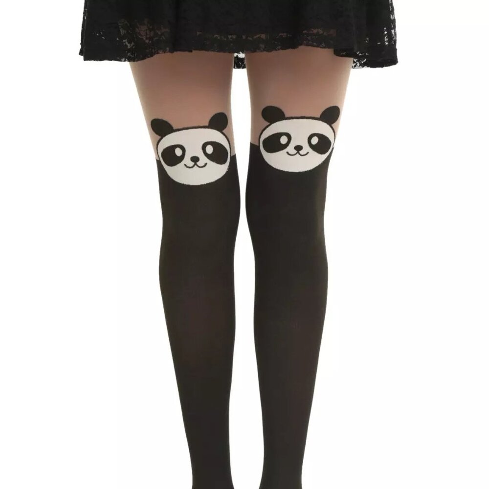 Hot Topic Panda Face Faux Thigh High Tights Lightweight Sheer Black Size M/L